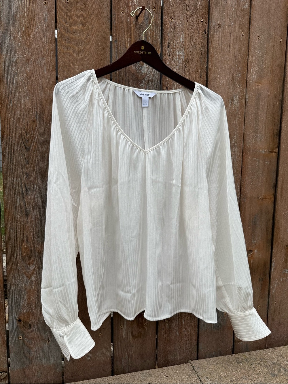 Nine West Women’s White Cream Stripes V Neck Long Sleeve Blouse Shirt Large